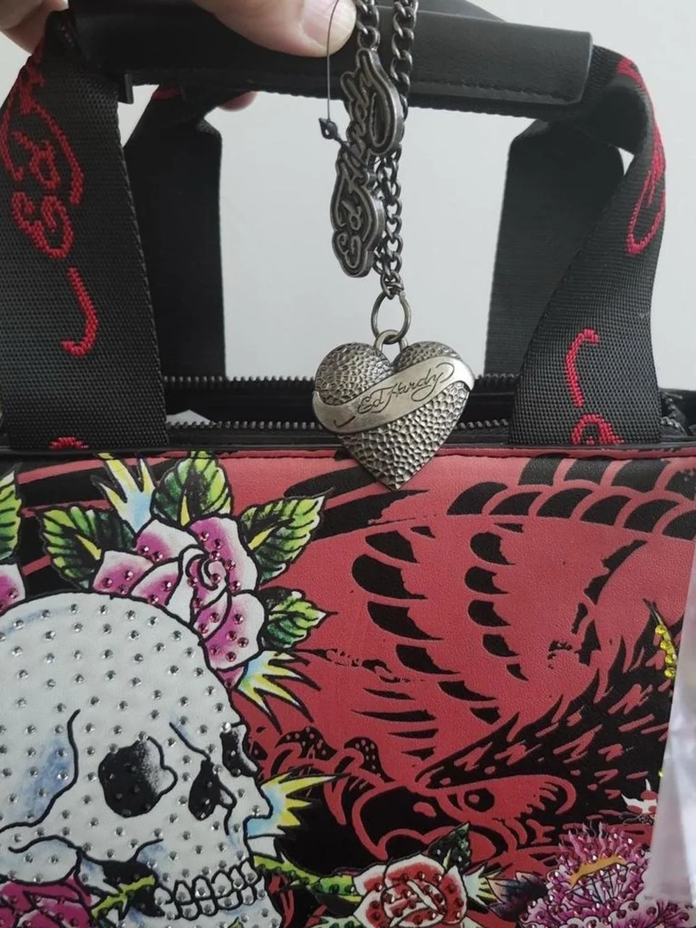 Ed Hardy Pink and Black Floral Skull Satchel with Stud Embellishments